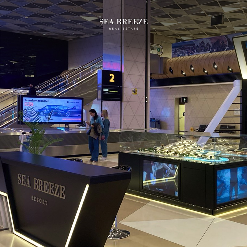 Sea Breeze stand and model of the Caspian Dream Liner at Heydar Aliyev Airport